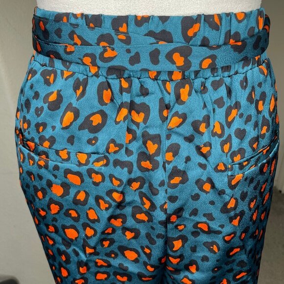 New York & Company Teal Orange Leopard Print Tie Waist Satin Shorts Size L - Picture 3 of 12